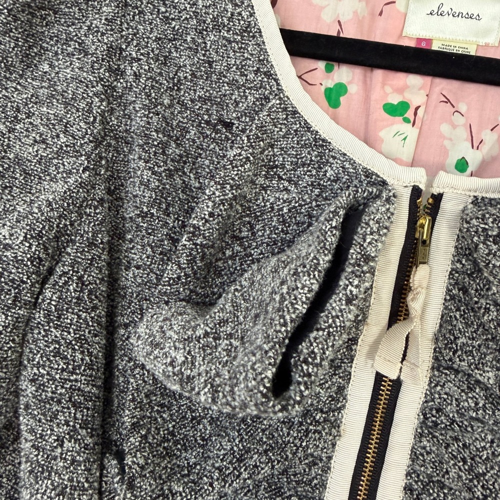Anthropologie Elevenses Grey Tweed Peplum Zip Jacket Pink Floral Lining Size 6 - Picture 6 of 8